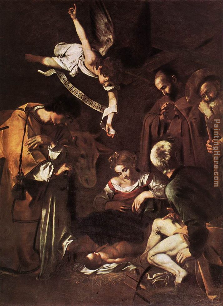 Nativity with St. Francis and St. Lawrence painting - Caravaggio Nativity with St. Francis and St. Lawrence art painting